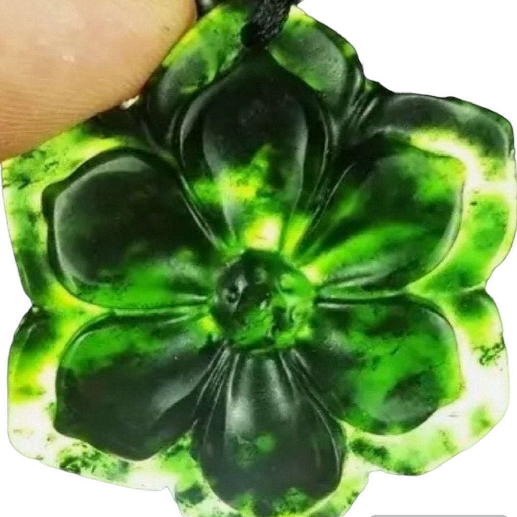 Sterling Silver Natural Black Green Jade Carved Hexagonal Flower Pendant
